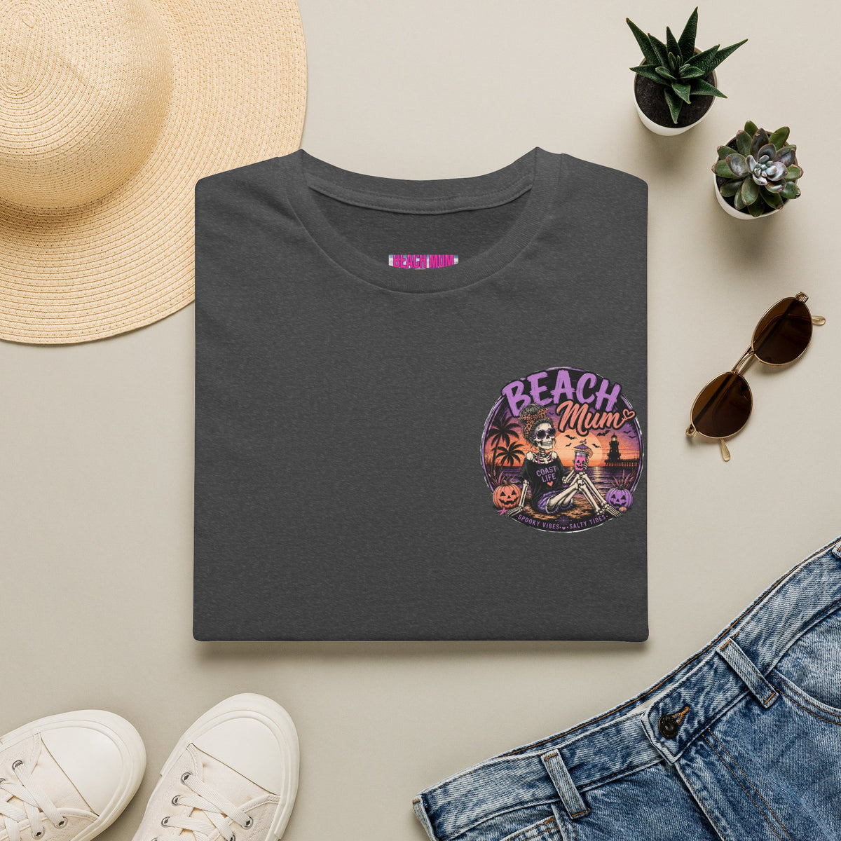 Halloween Beach Mum T-Shirt — Spooky Sunset Bonfire Coastal Mom Tee