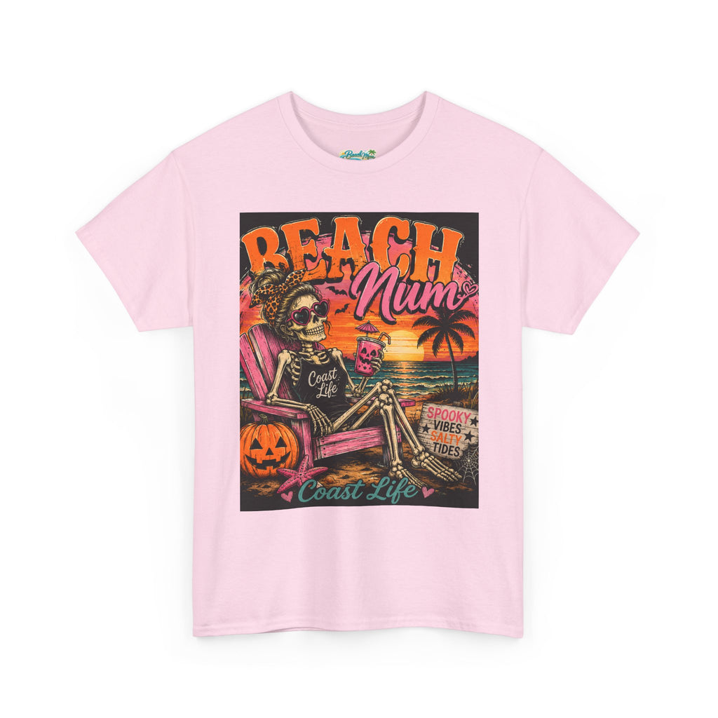 Beach Mum Halloween Tee — Retro Skull, Pumpkin & Sunset Coastal Graphic Tee