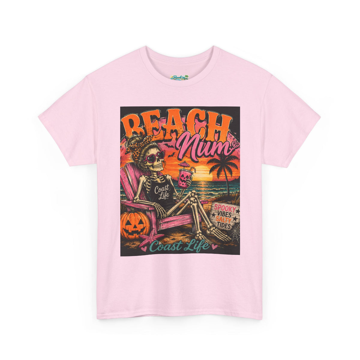Beach Mum Halloween Tee — Retro Skull, Pumpkin & Sunset Coastal Graphic Tee