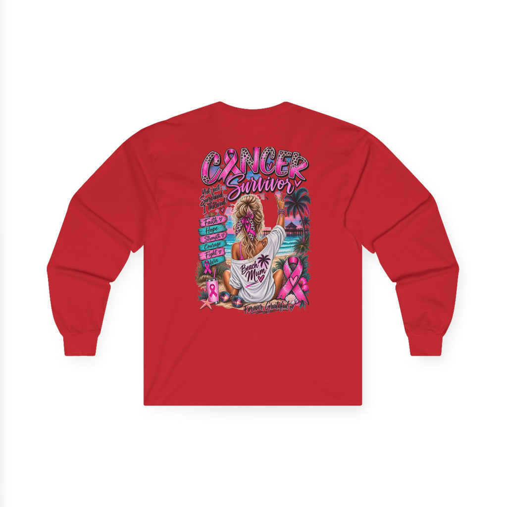 Long Sleeve Tee —  Pink Cancer Survivor Retro Beach Design (Breast Cancer Awareness)