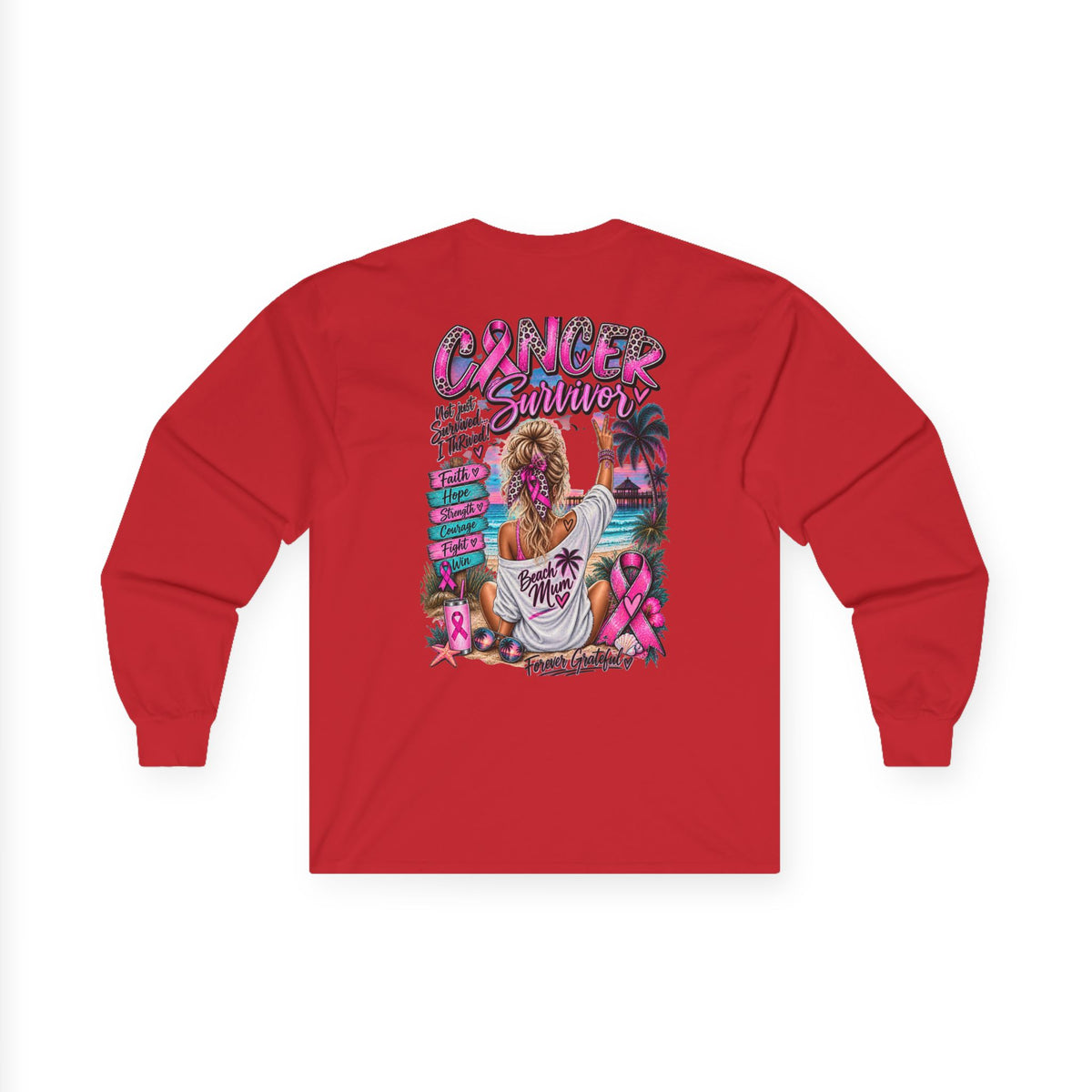 Long Sleeve Tee —  Pink Cancer Survivor Retro Beach Design (Breast Cancer Awareness)
