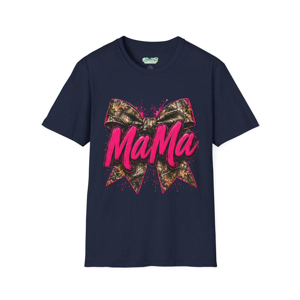 Mama Graphic T-Shirt — Pink Script with Camo Bow