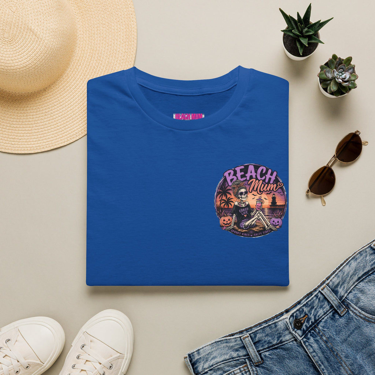 Halloween Beach Mum T-Shirt — Spooky Sunset Bonfire Coastal Mom Tee
