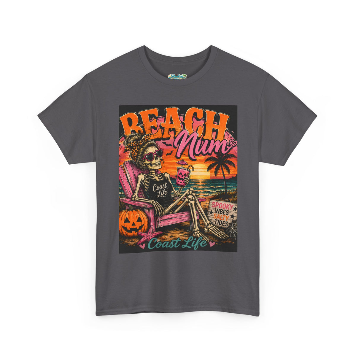 Beach Mum Halloween Tee — Retro Skull, Pumpkin & Sunset Coastal Graphic Tee