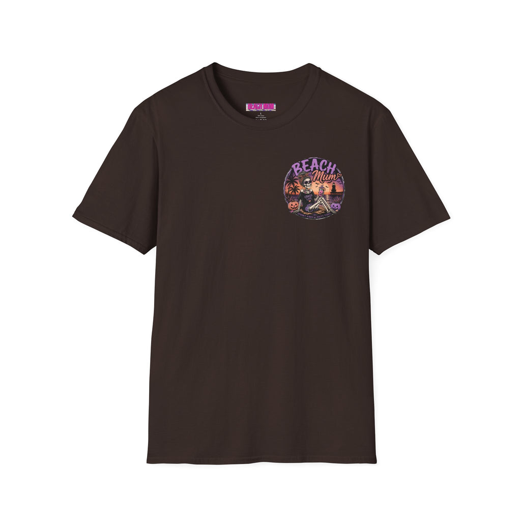Halloween Beach Mum T-Shirt — Spooky Sunset Bonfire Coastal Mom Tee