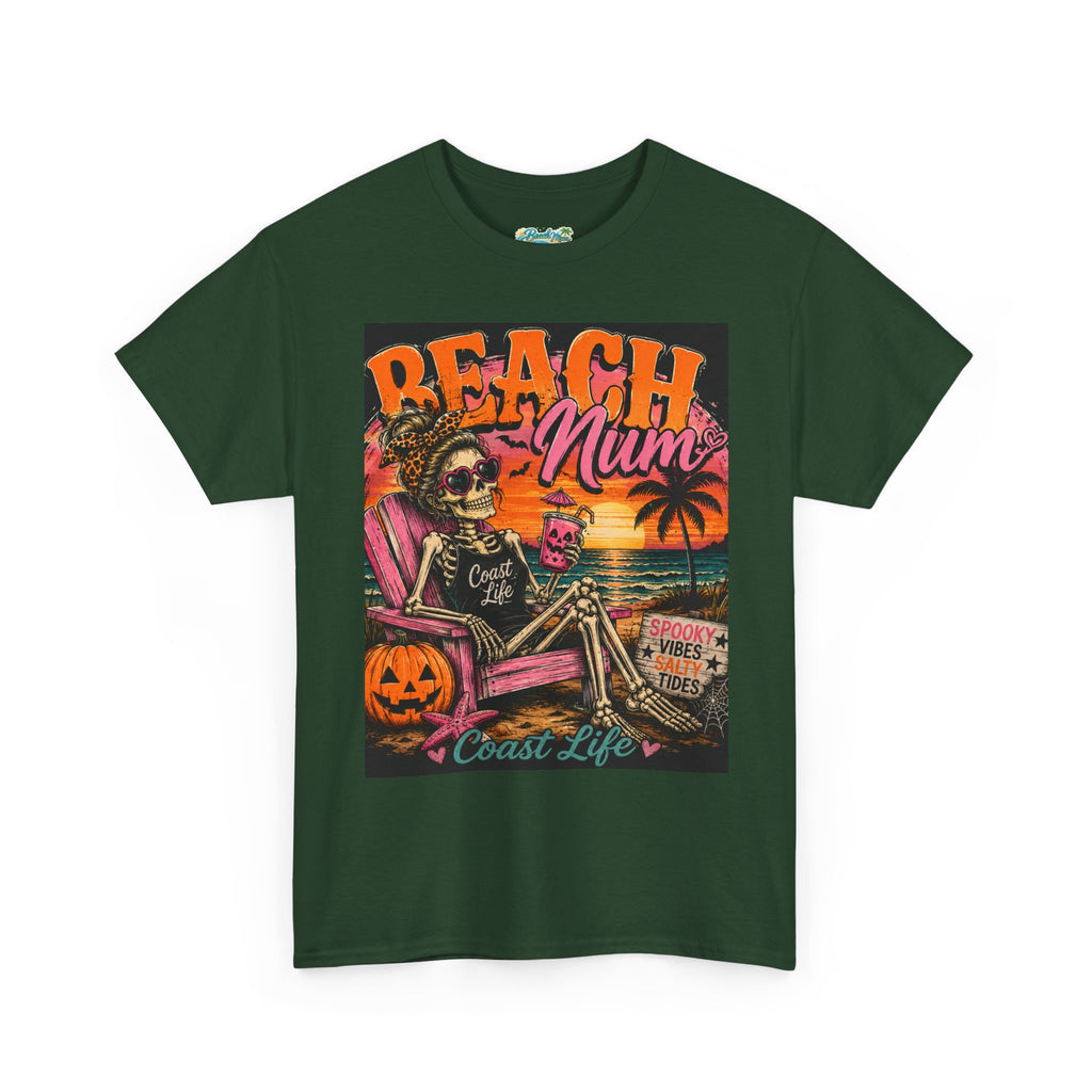 Beach Mum Halloween Tee — Retro Skull, Pumpkin & Sunset Coastal Graphic Tee