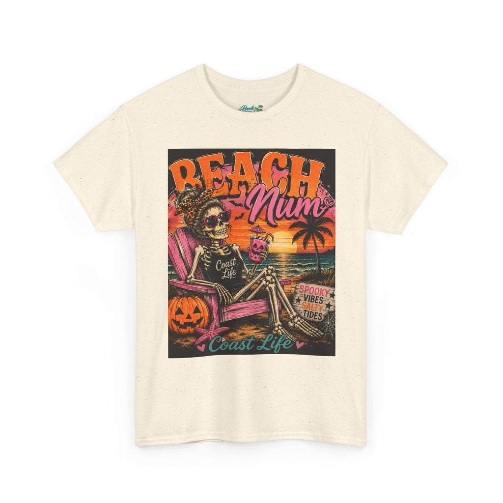 Beach Mum Halloween Tee — Retro Skull, Pumpkin & Sunset Coastal Graphic Tee
