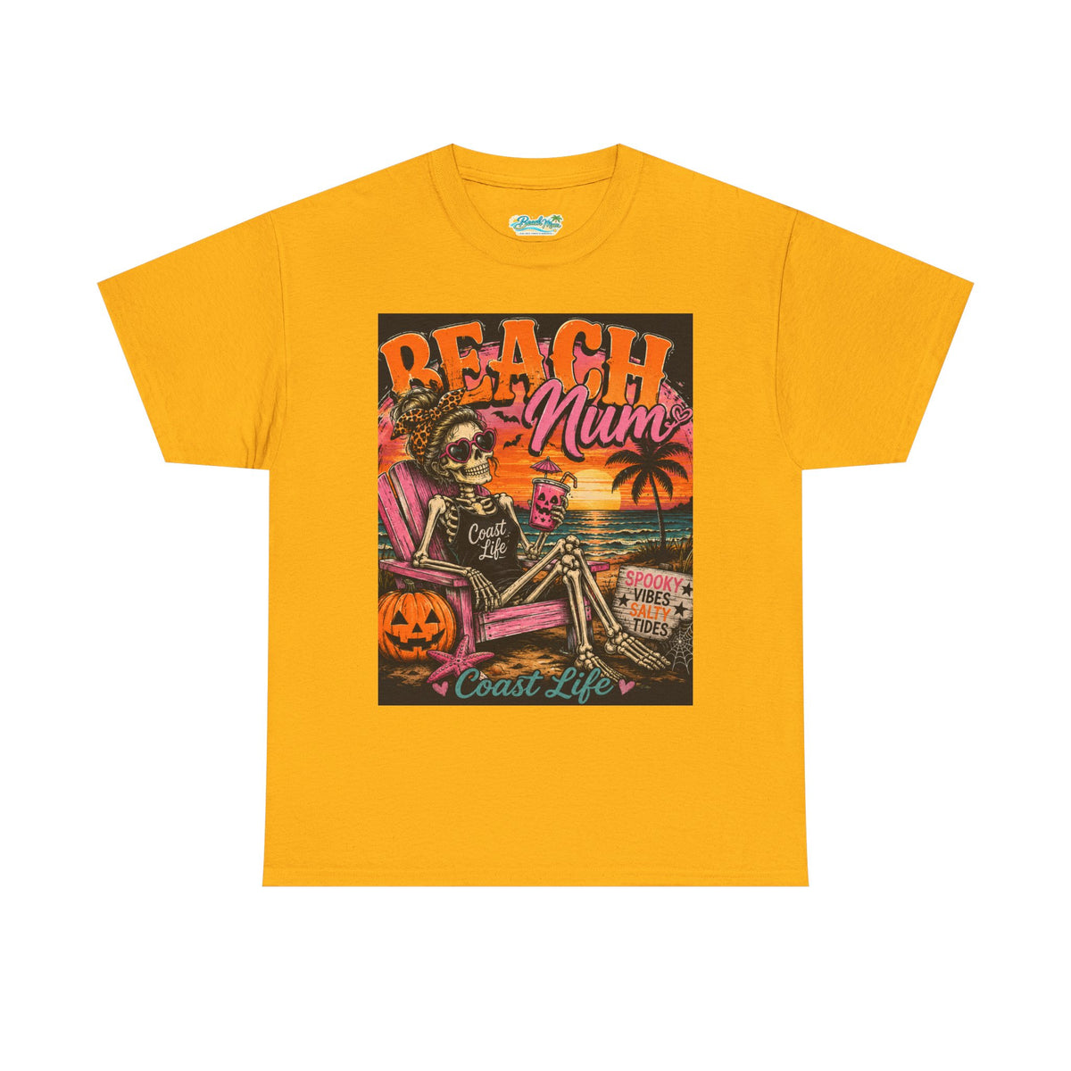 Beach Mum Halloween Tee — Retro Skull, Pumpkin & Sunset Coastal Graphic Tee