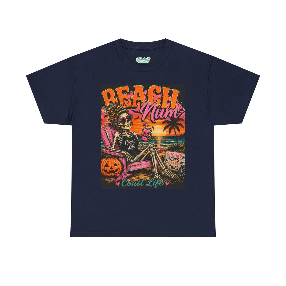 Beach Mum Halloween Tee — Retro Skull, Pumpkin & Sunset Coastal Graphic Tee