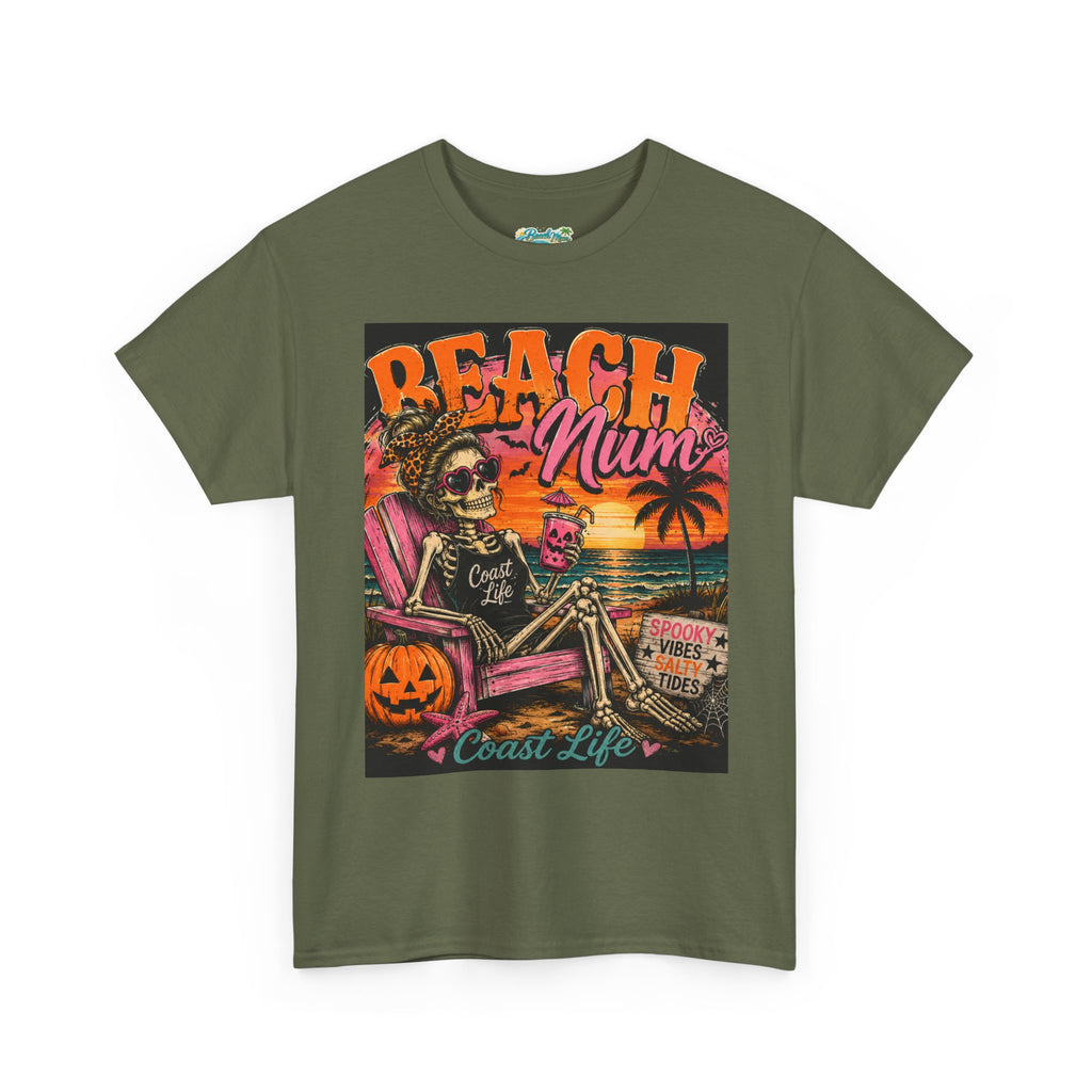 Beach Mum Halloween Tee — Retro Skull, Pumpkin & Sunset Coastal Graphic Tee