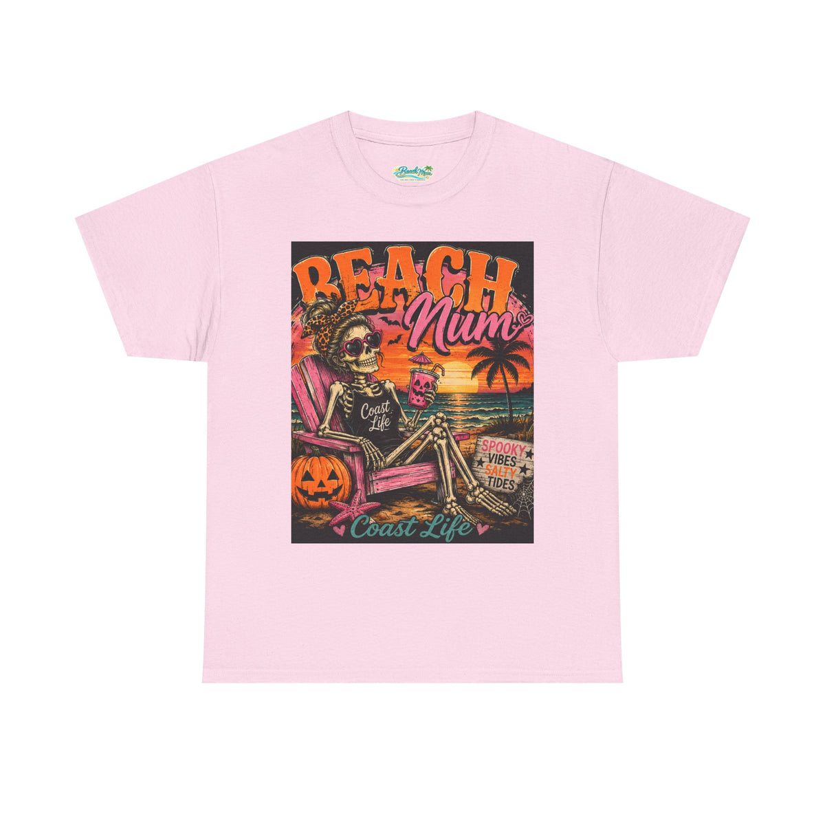 Beach Mum Halloween Tee — Retro Skull, Pumpkin & Sunset Coastal Graphic Tee