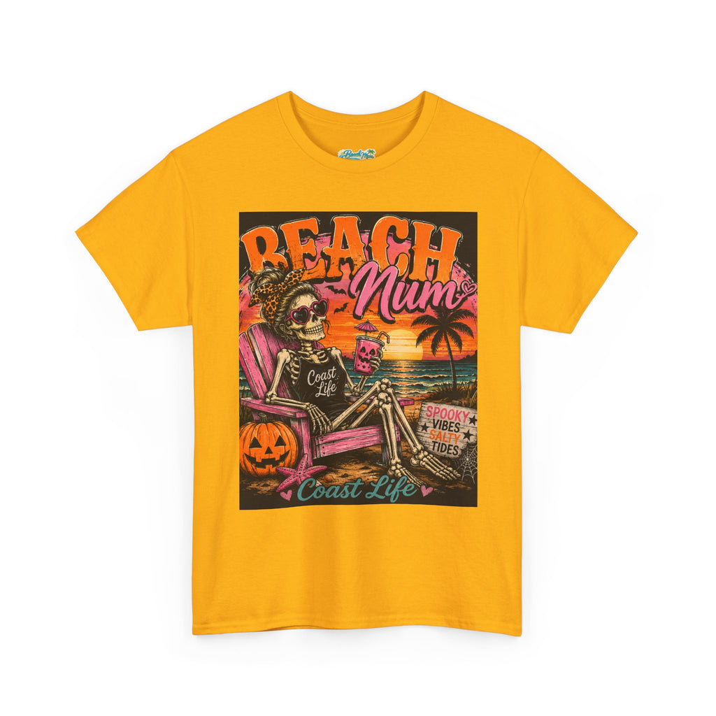 Beach Mum Halloween Tee — Retro Skull, Pumpkin & Sunset Coastal Graphic Tee