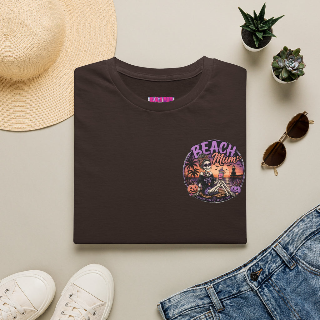 Halloween Beach Mum T-Shirt — Spooky Sunset Bonfire Coastal Mom Tee