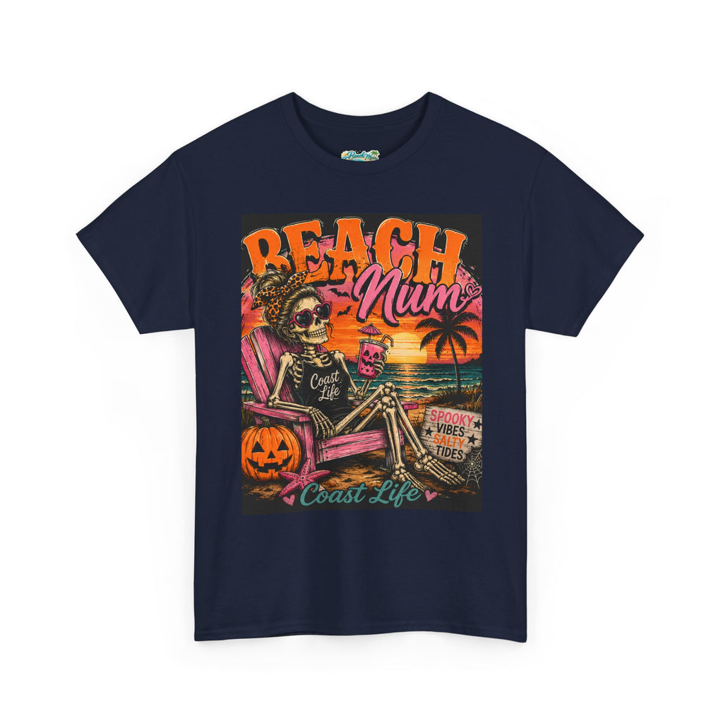 Beach Mum Halloween Tee — Retro Skull, Pumpkin & Sunset Coastal Graphic Tee