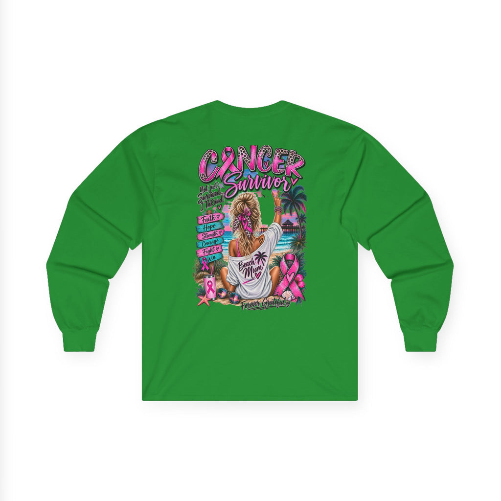 Long Sleeve Tee —  Pink Cancer Survivor Retro Beach Design (Breast Cancer Awareness)