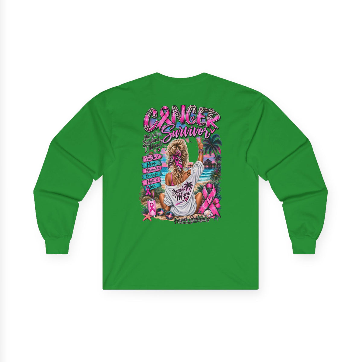 Long Sleeve Tee —  Pink Cancer Survivor Retro Beach Design (Breast Cancer Awareness)