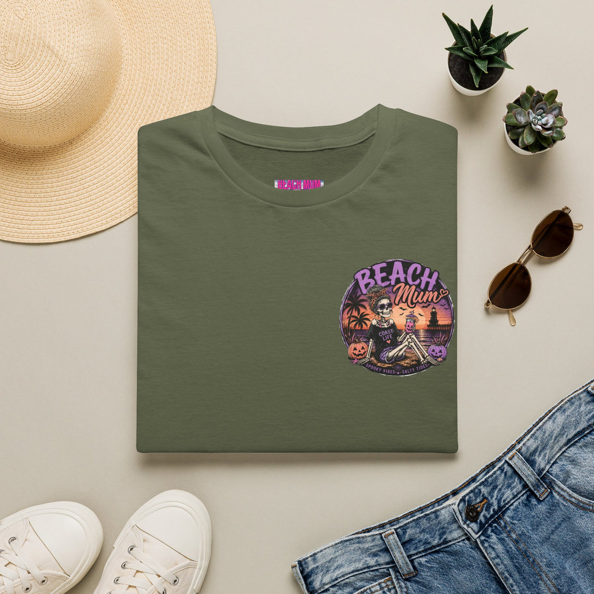 Halloween Beach Mum T-Shirt — Spooky Sunset Bonfire Coastal Mom Tee