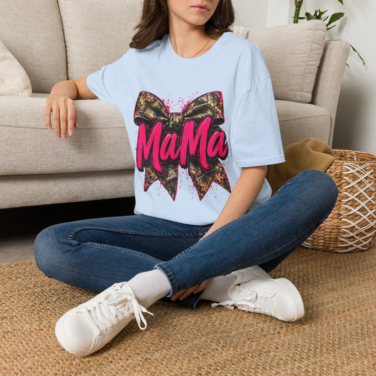 Mama Graphic T-Shirt — Pink Script with Camo Bow