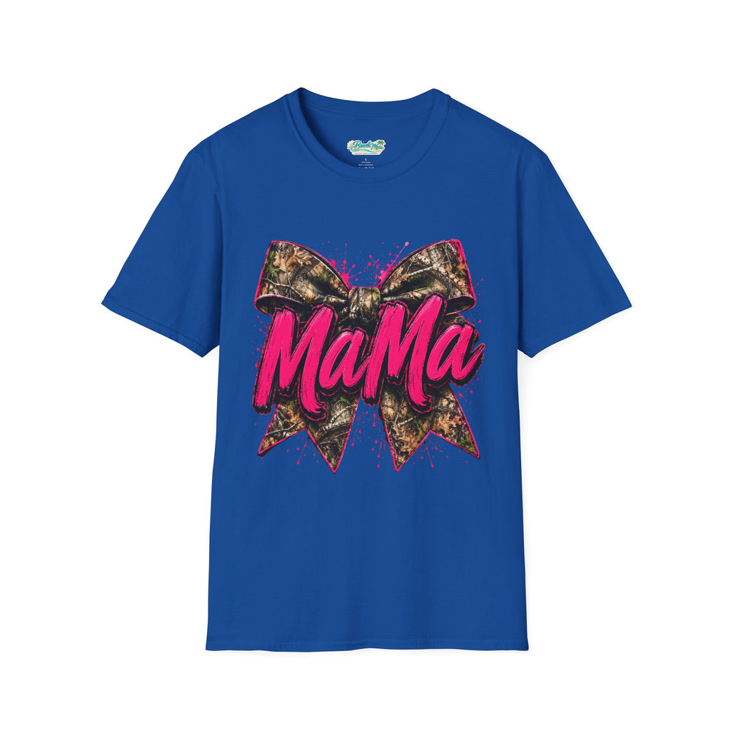 Mama Graphic T-Shirt — Pink Script with Camo Bow