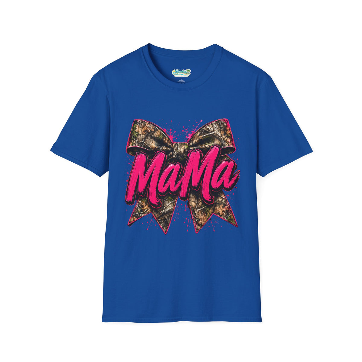 Mama Graphic T-Shirt — Pink Script with Camo Bow
