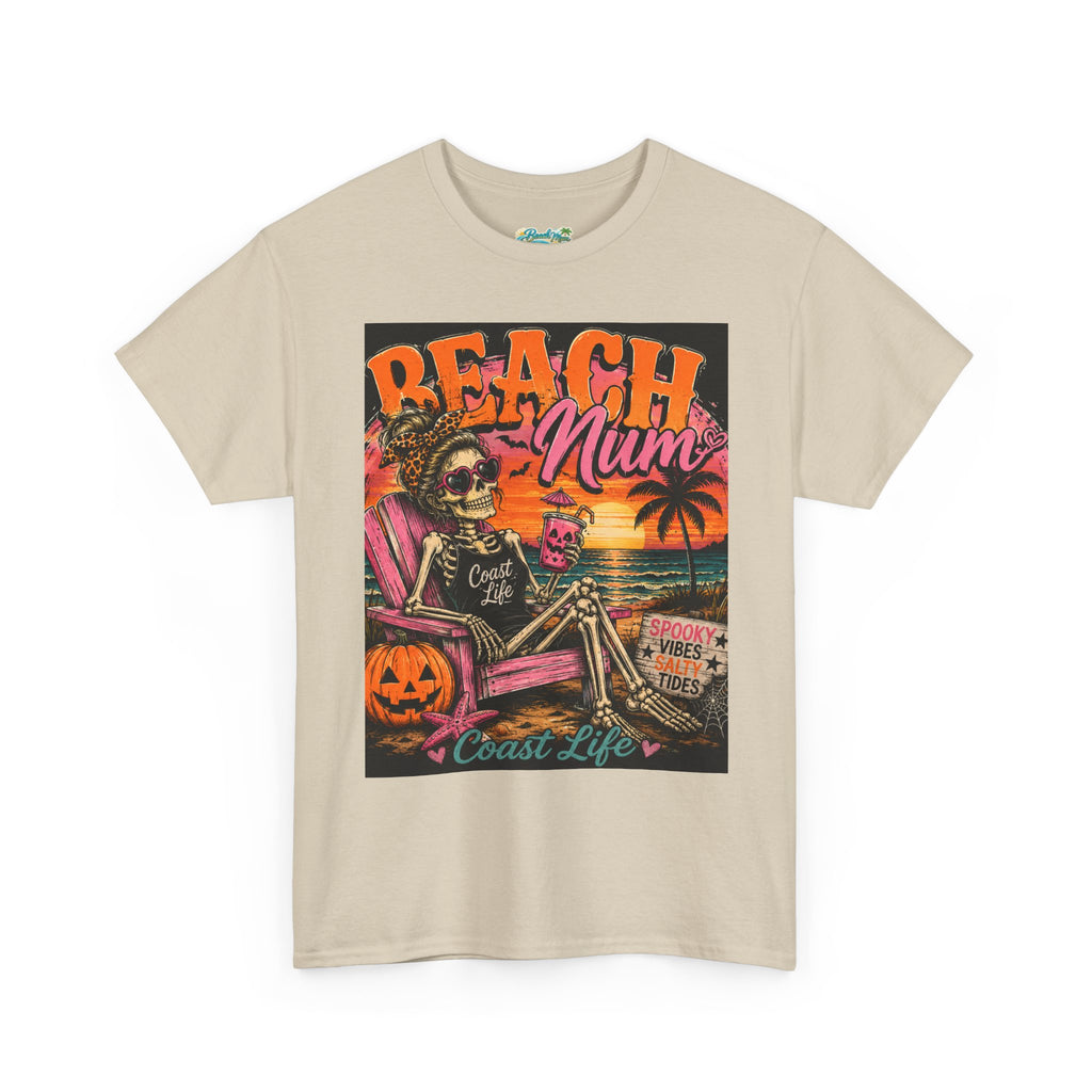 Beach Mum Halloween Tee — Retro Skull, Pumpkin & Sunset Coastal Graphic Tee