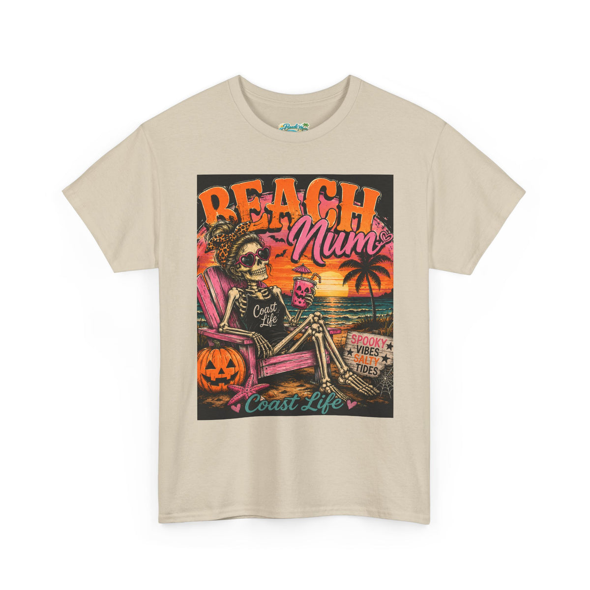 Beach Mum Halloween Tee — Retro Skull, Pumpkin & Sunset Coastal Graphic Tee