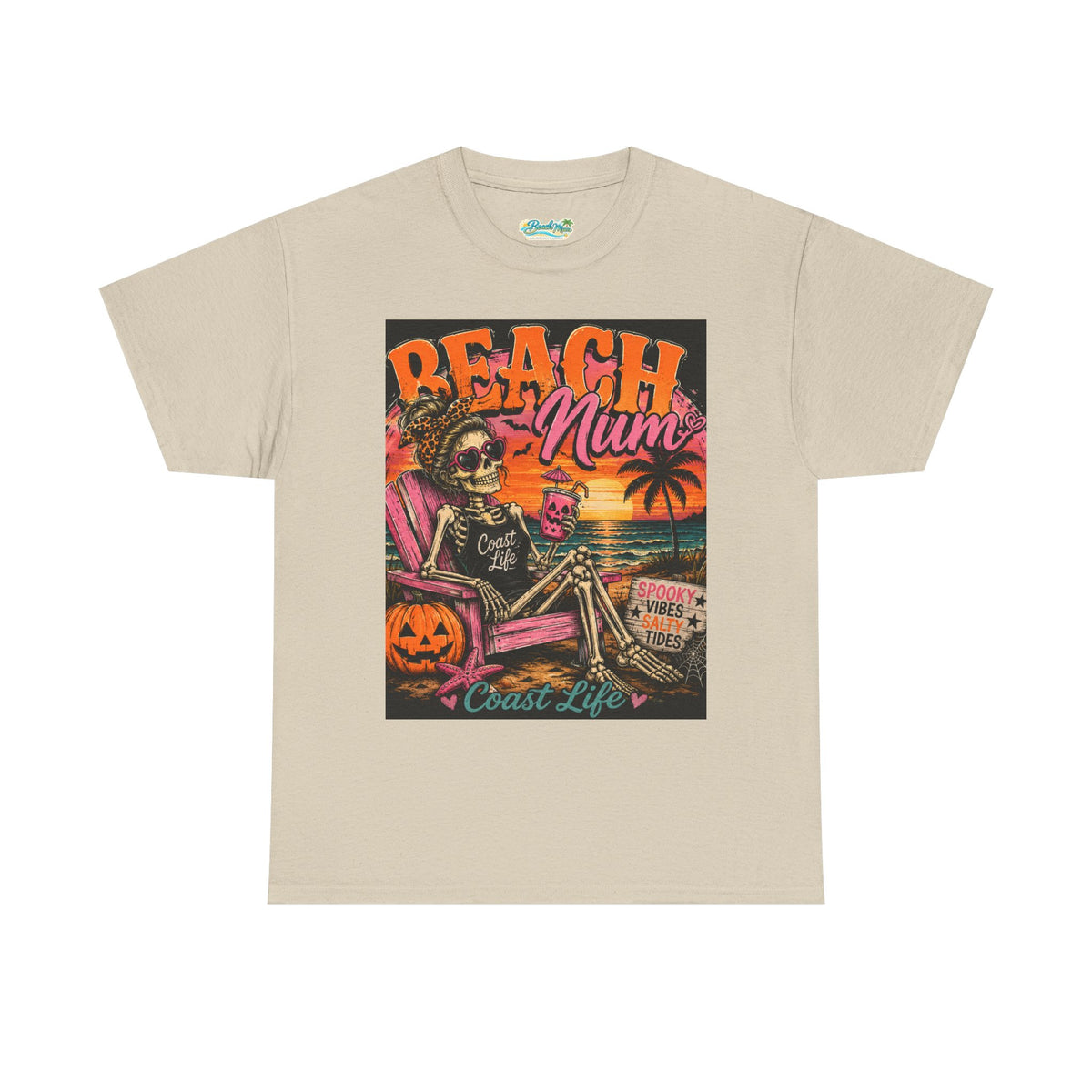Beach Mum Halloween Tee — Retro Skull, Pumpkin & Sunset Coastal Graphic Tee