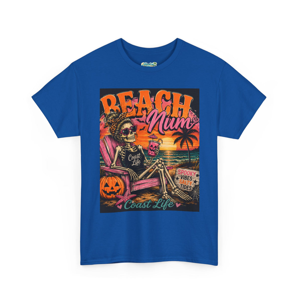Beach Mum Halloween Tee — Retro Skull, Pumpkin & Sunset Coastal Graphic Tee