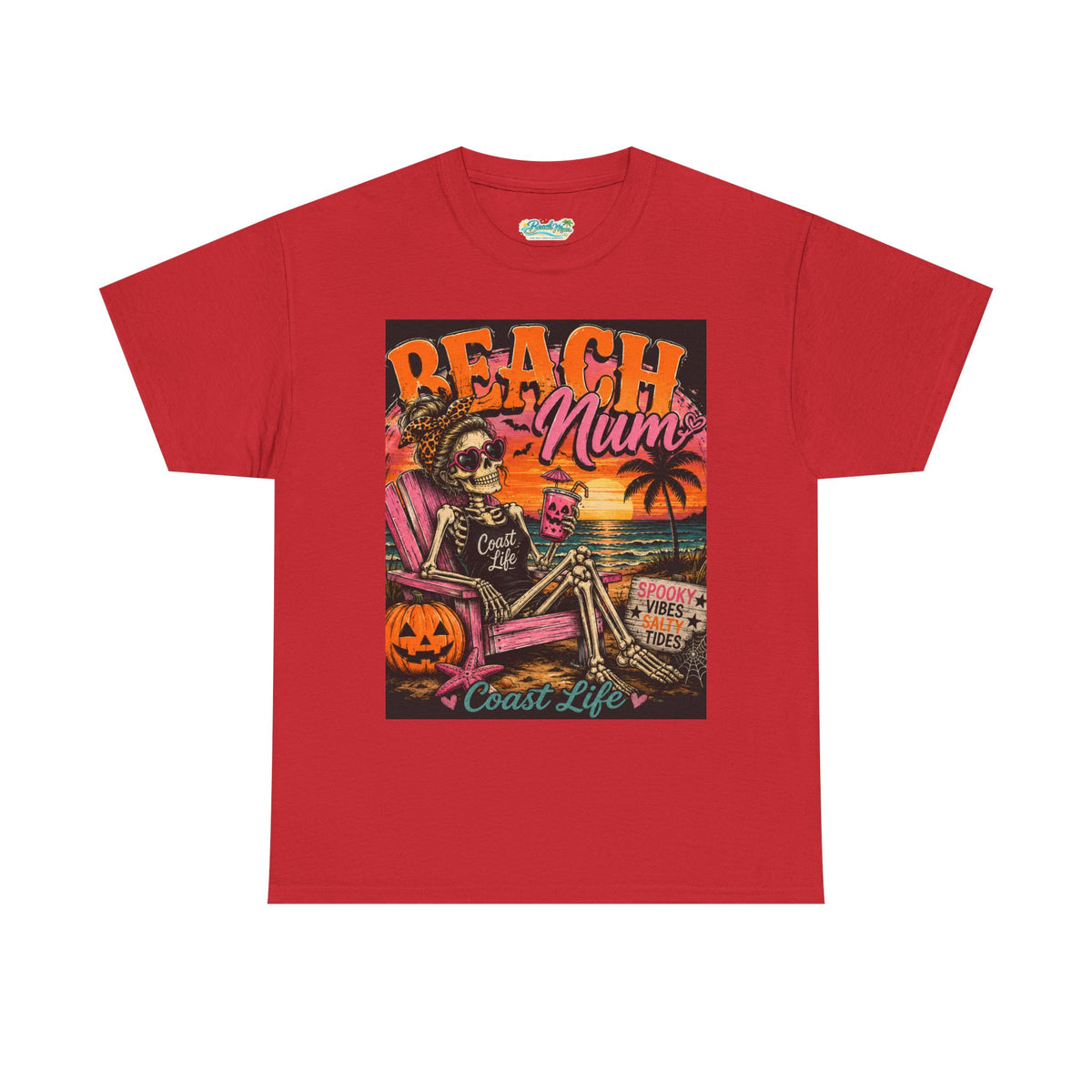 Beach Mum Halloween Tee — Retro Skull, Pumpkin & Sunset Coastal Graphic Tee