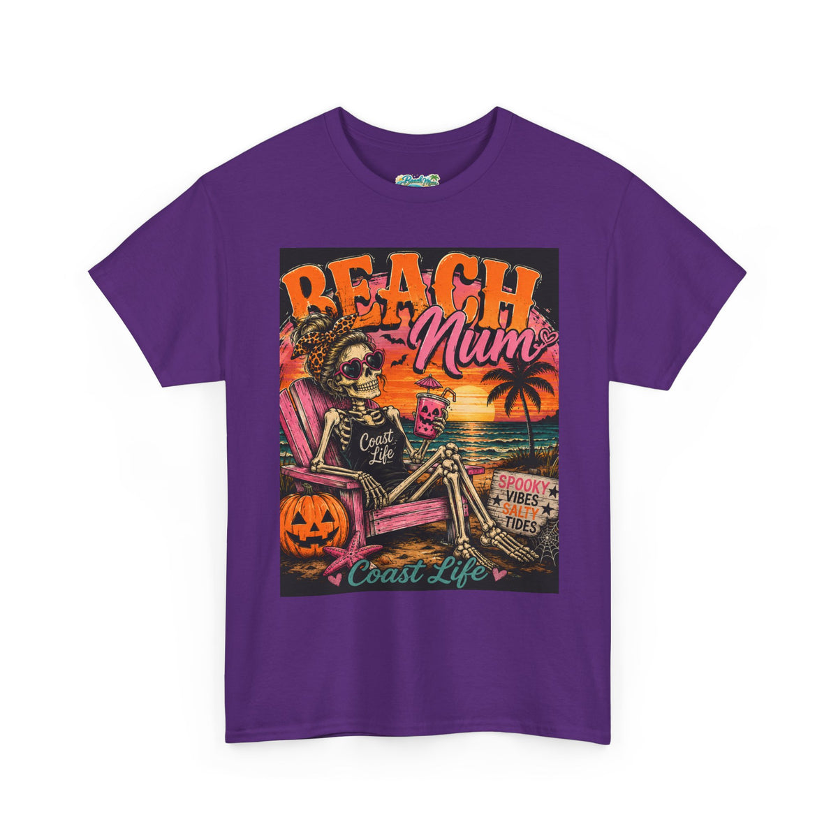 Beach Mum Halloween Tee — Retro Skull, Pumpkin & Sunset Coastal Graphic Tee
