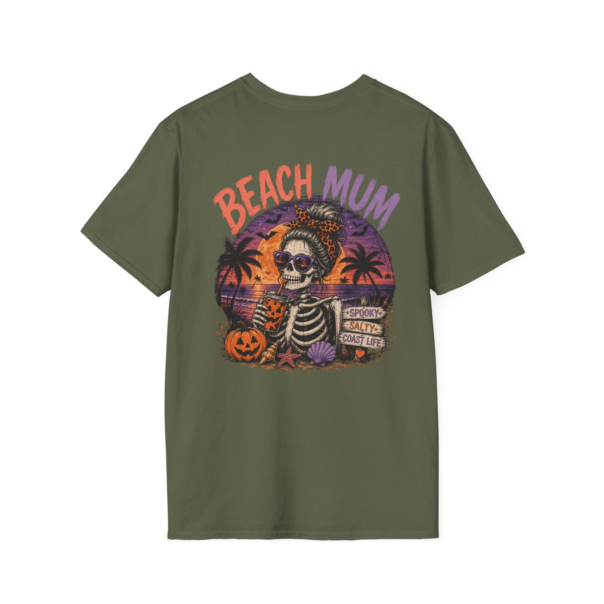 Halloween Beach Mum T-Shirt — Spooky Sunset Bonfire Coastal Mom Tee