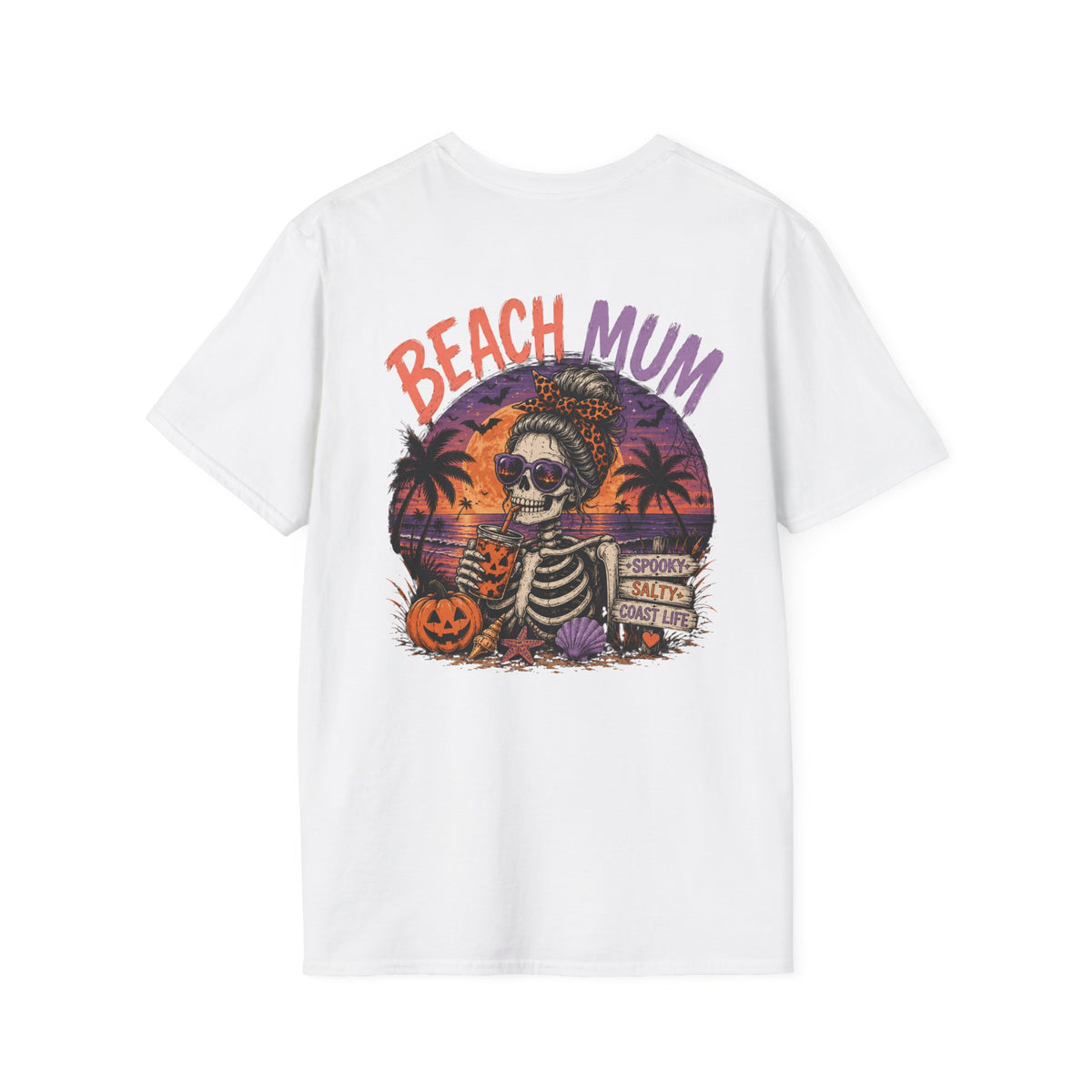 Halloween Beach Mum T-Shirt — Spooky Sunset Bonfire Coastal Mom Tee