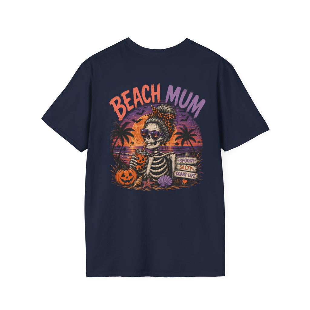 Halloween Beach Mum T-Shirt — Spooky Sunset Bonfire Coastal Mom Tee