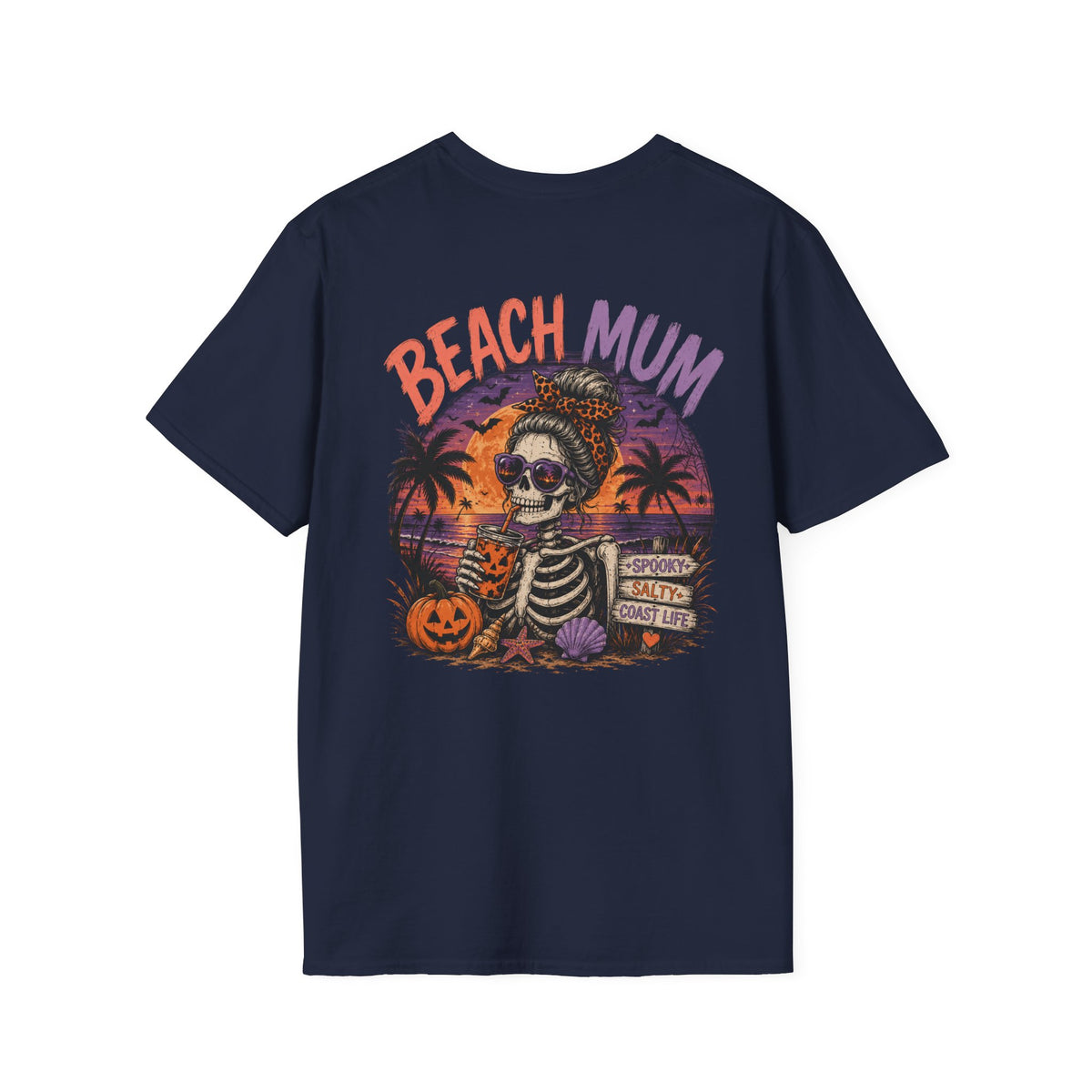 Halloween Beach Mum T-Shirt — Spooky Sunset Bonfire Coastal Mom Tee