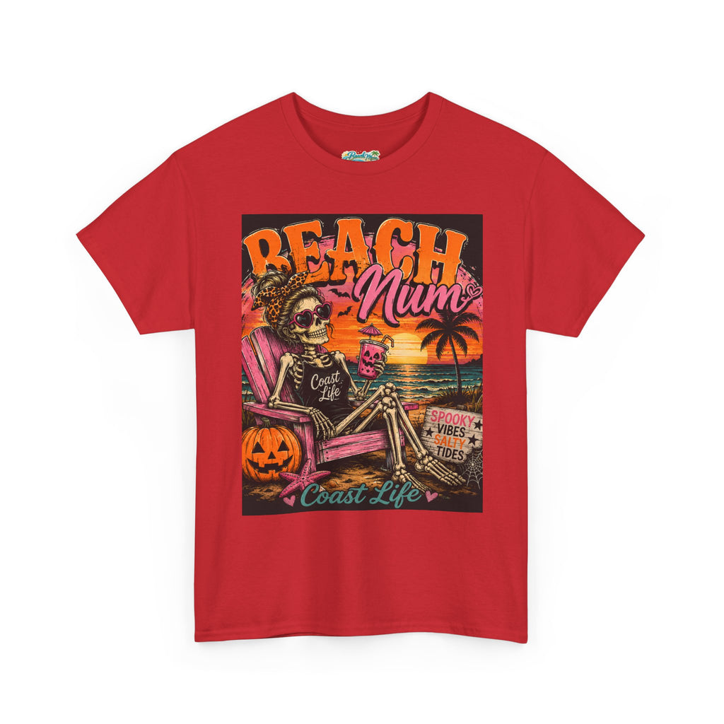 Beach Mum Halloween Tee — Retro Skull, Pumpkin & Sunset Coastal Graphic Tee