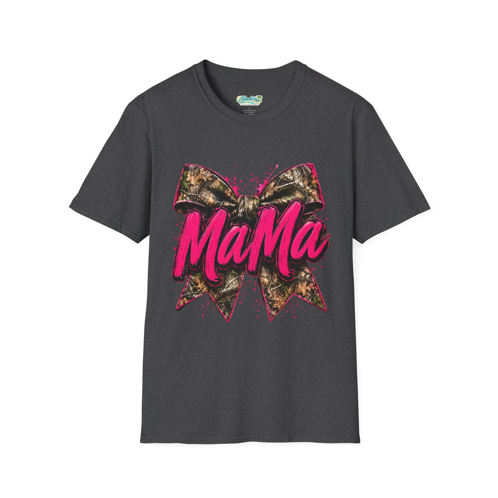 Mama Graphic T-Shirt — Pink Script with Camo Bow