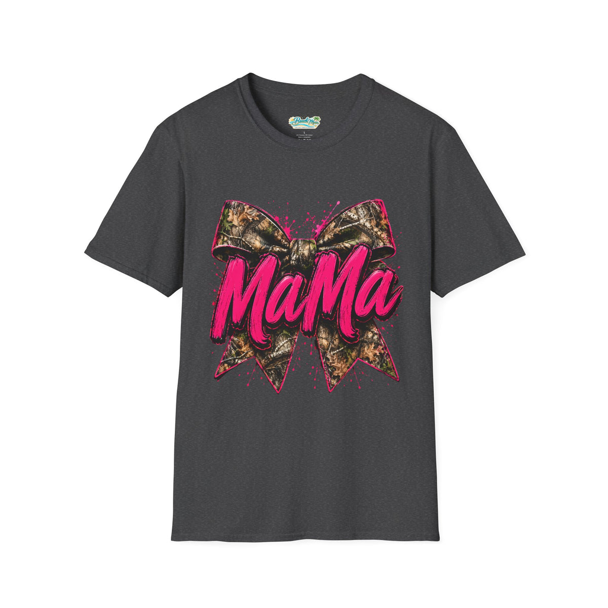Mama Graphic T-Shirt — Pink Script with Camo Bow