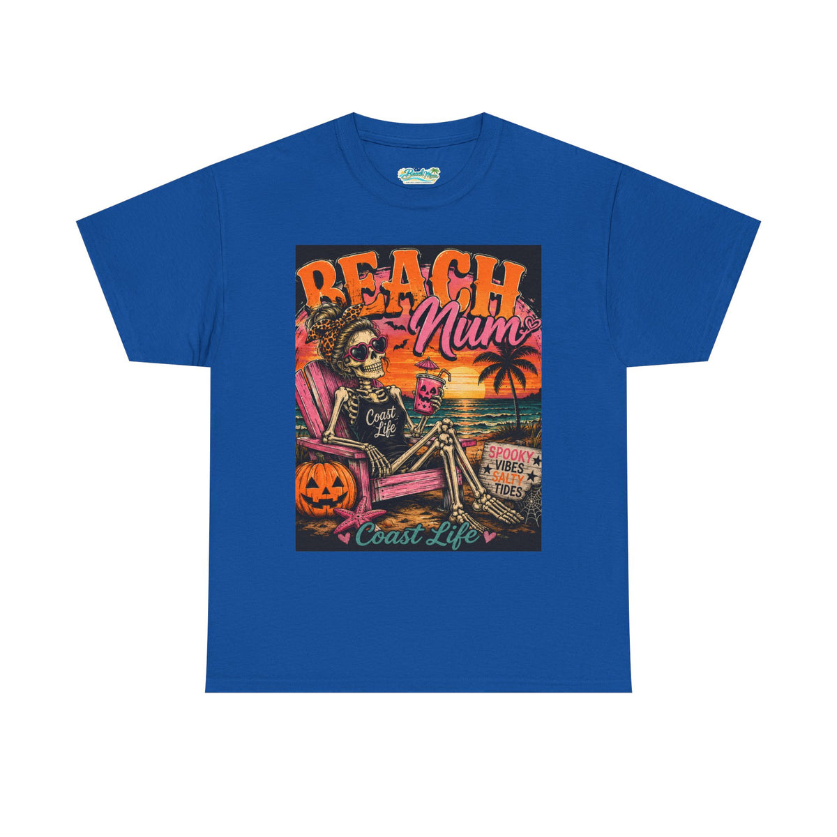 Beach Mum Halloween Tee — Retro Skull, Pumpkin & Sunset Coastal Graphic Tee