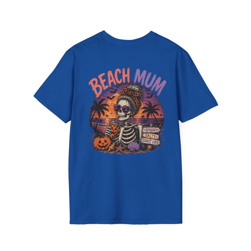 Halloween Beach Mum T-Shirt — Spooky Sunset Bonfire Coastal Mom Tee