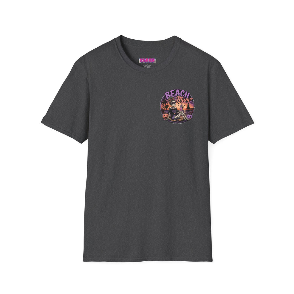 Halloween Beach Mum T-Shirt — Spooky Sunset Bonfire Coastal Mom Tee