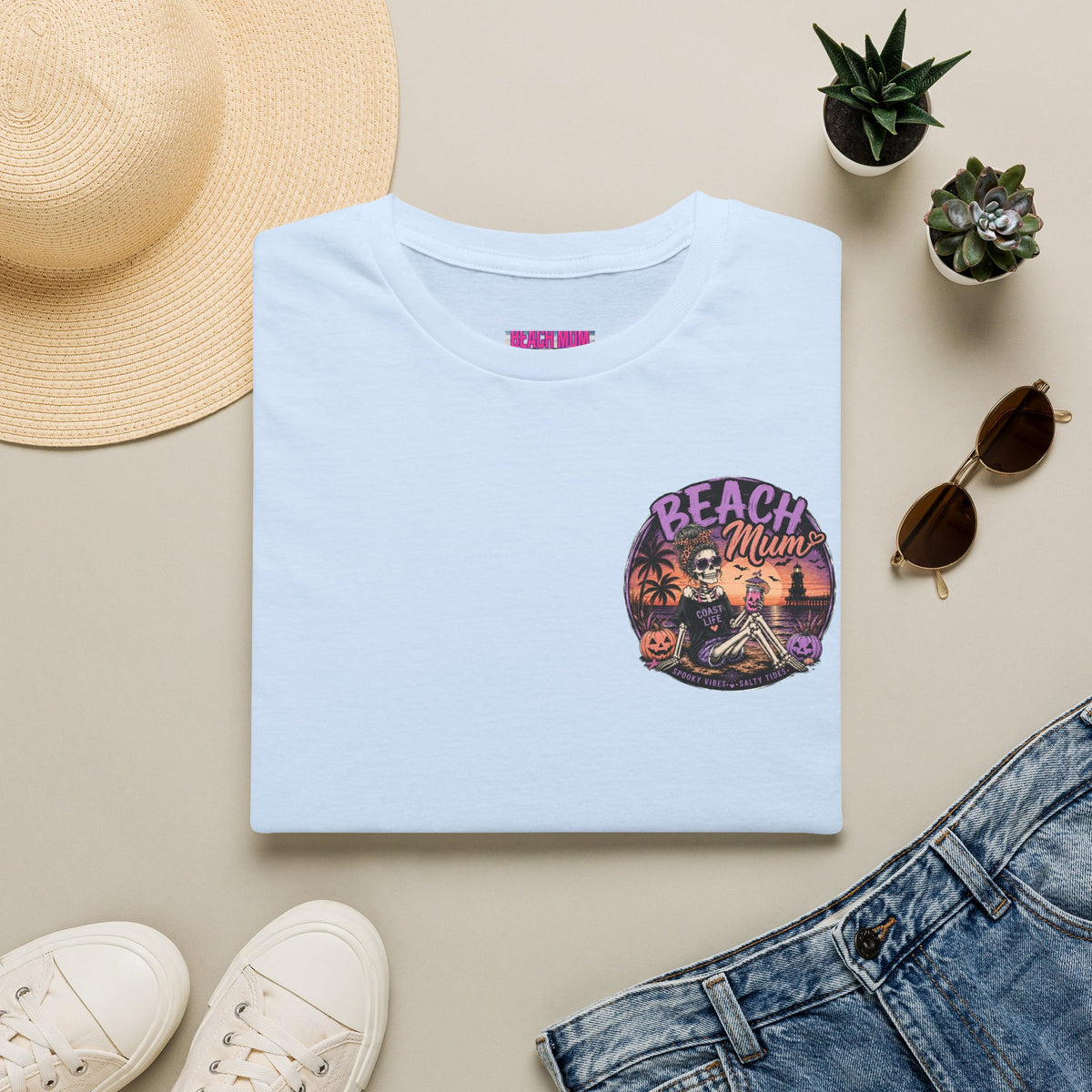 Halloween Beach Mum T-Shirt — Spooky Sunset Bonfire Coastal Mom Tee