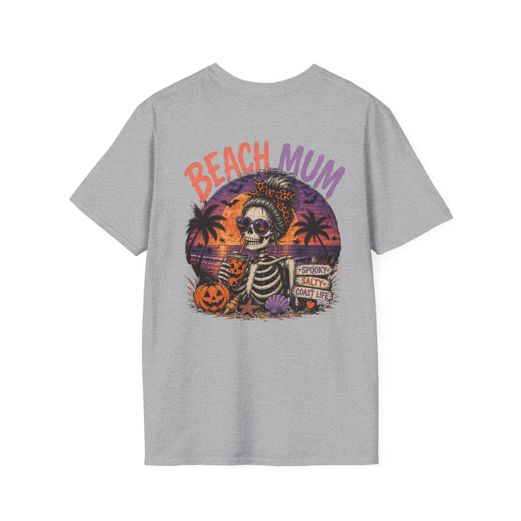 Halloween Beach Mum T-Shirt — Spooky Sunset Bonfire Coastal Mom Tee
