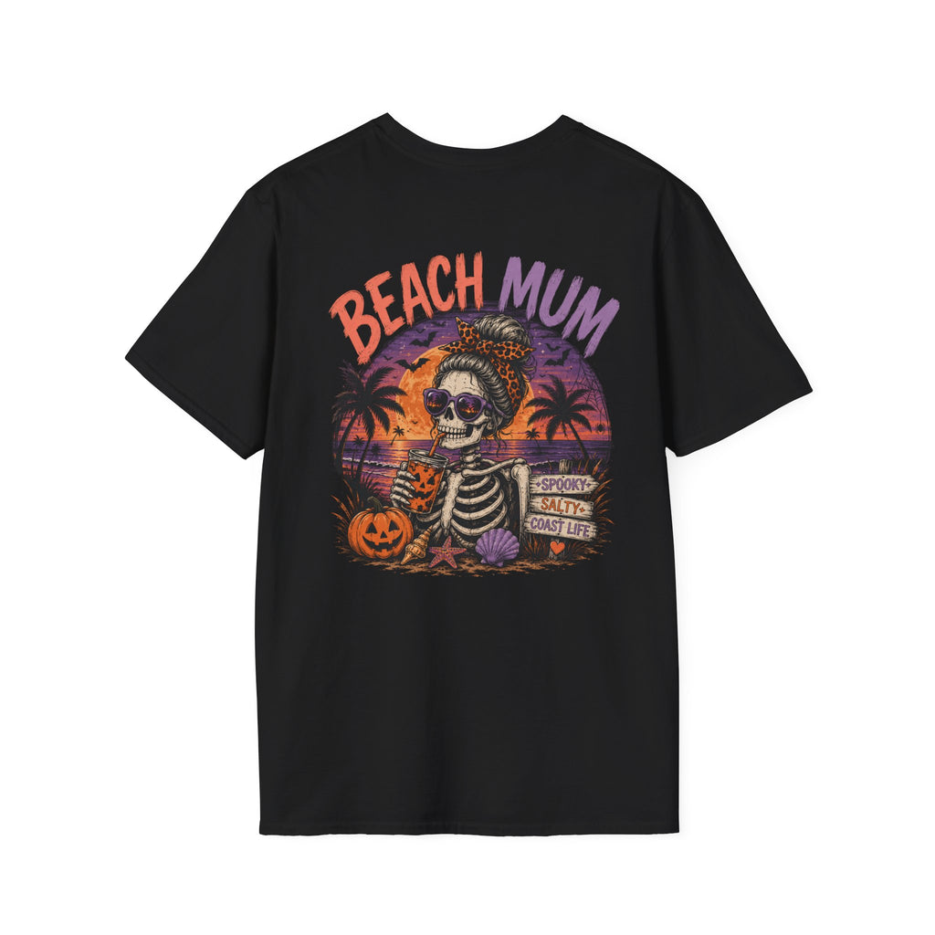 Halloween Beach Mum T-Shirt — Spooky Sunset Bonfire Coastal Mom Tee