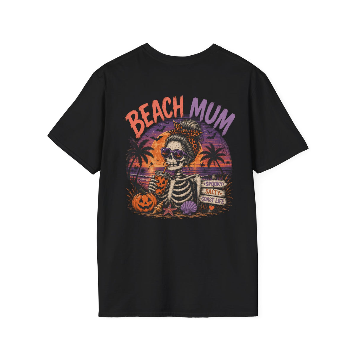 Halloween Beach Mum T-Shirt — Spooky Sunset Bonfire Coastal Mom Tee