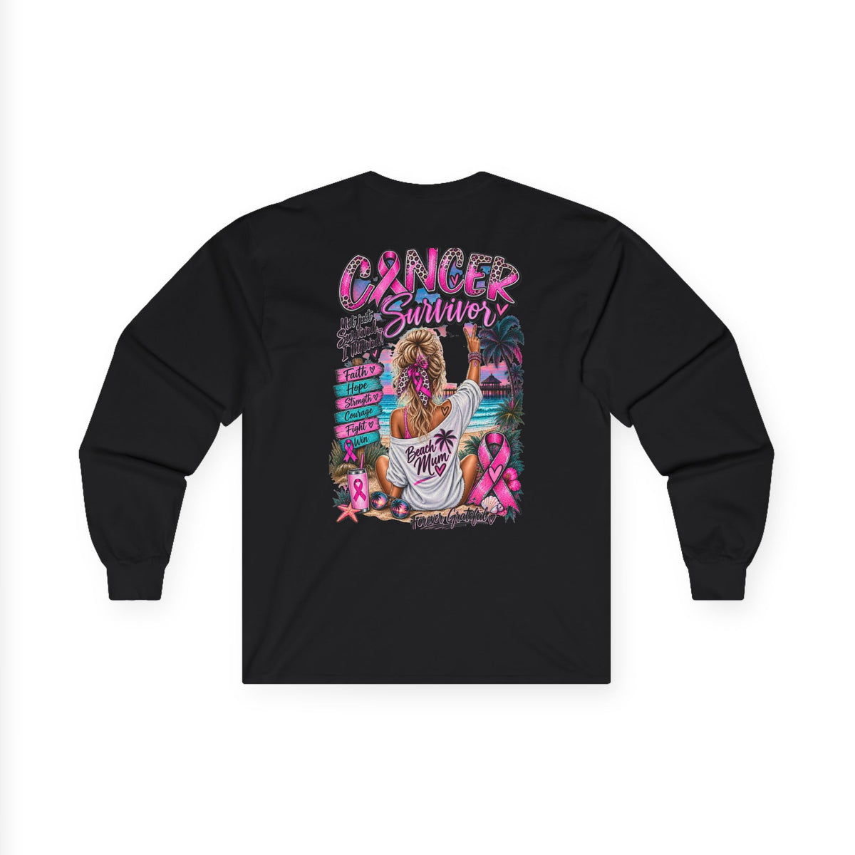 Long Sleeve Tee —  Pink Cancer Survivor Retro Beach Design (Breast Cancer Awareness)