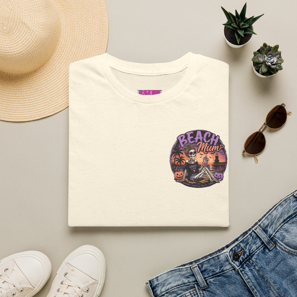Halloween Beach Mum T-Shirt — Spooky Sunset Bonfire Coastal Mom Tee