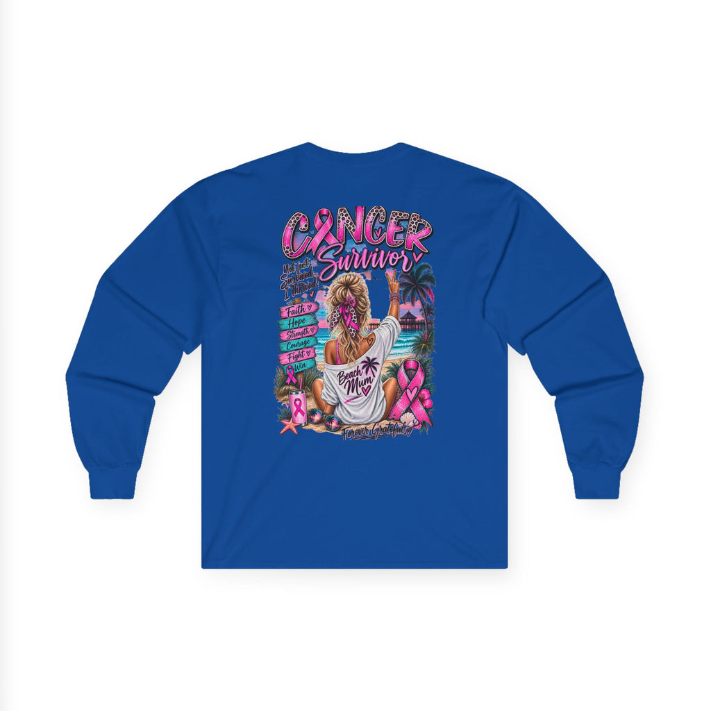 Long Sleeve Tee —  Pink Cancer Survivor Retro Beach Design (Breast Cancer Awareness)