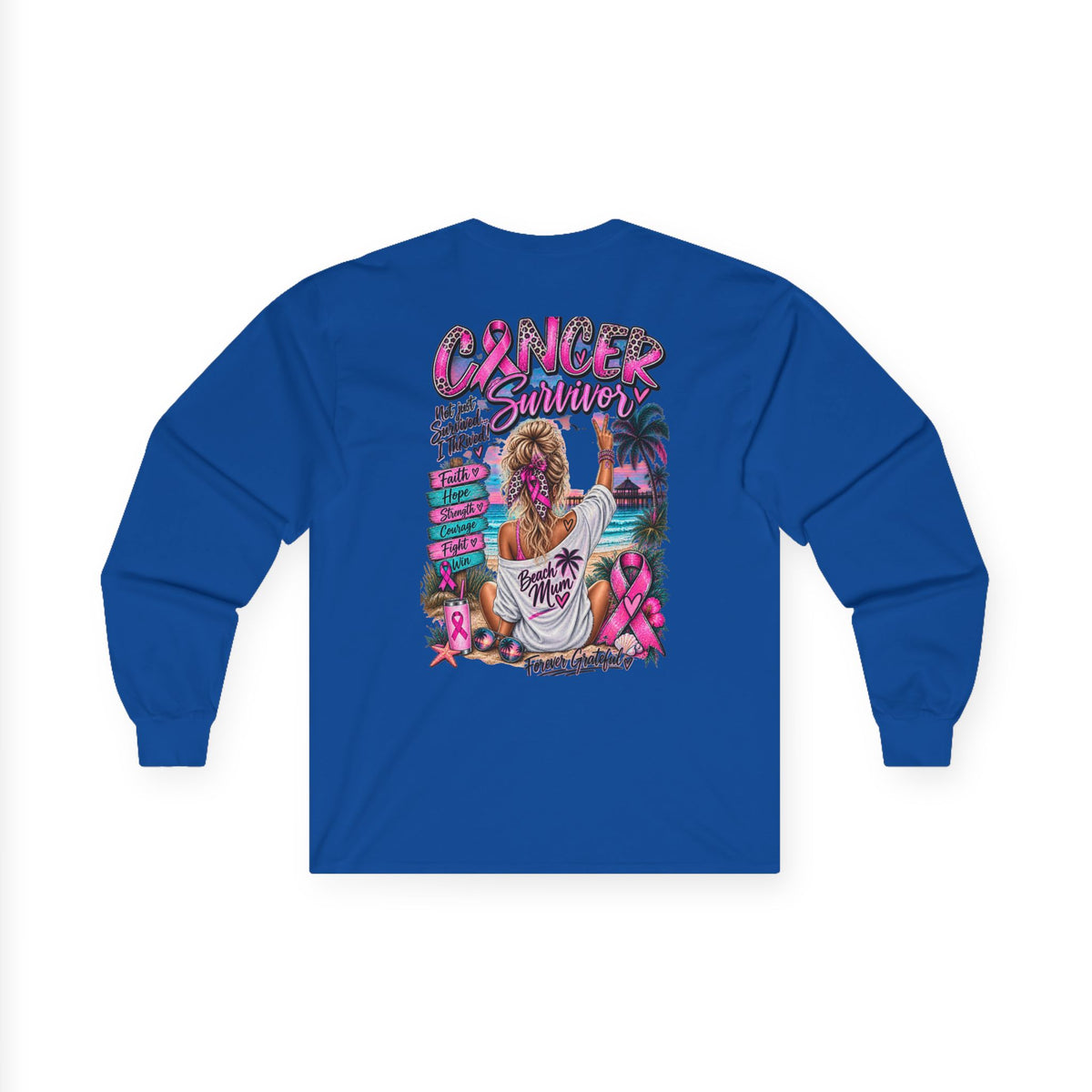 Long Sleeve Tee —  Pink Cancer Survivor Retro Beach Design (Breast Cancer Awareness)