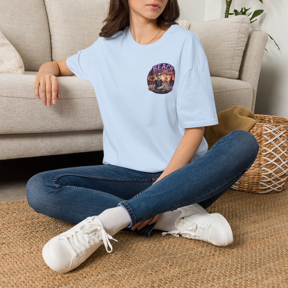 Halloween Beach Mum T-Shirt — Spooky Sunset Bonfire Coastal Mom Tee