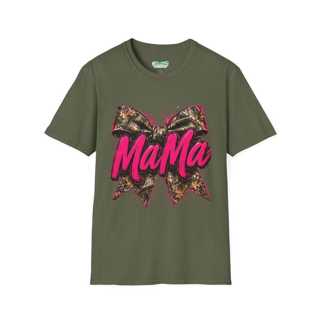 Mama Graphic T-Shirt — Pink Script with Camo Bow